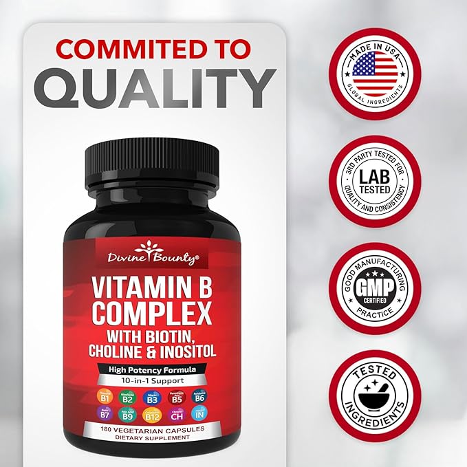 Divine Bounty Super B Complex Vitamins - All B Vitamins Including B12, B1, B2, B3, B5, B6, B7, B9, Folic Acid - Vitamin B Supplement - Support Healthy Energy Metabolism - 180 Vegetarian Capsules