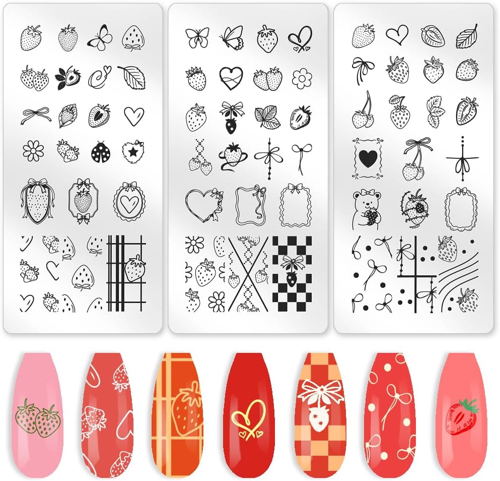 3Pcs Strawberry Nail Stamping Plate Heart Bow Nail Art Stamp Templates Stainless Steel Reusable Tools with Stamper Scraper for Manicure Printing