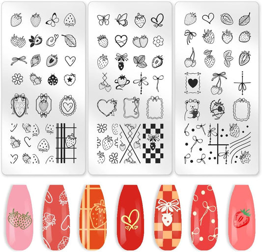 3Pcs Strawberry Nail Stamping Plate Heart Bow Nail Art Stamp Templates Stainless Steel Reusable Tools with Stamper Scraper for Manicure Printing
