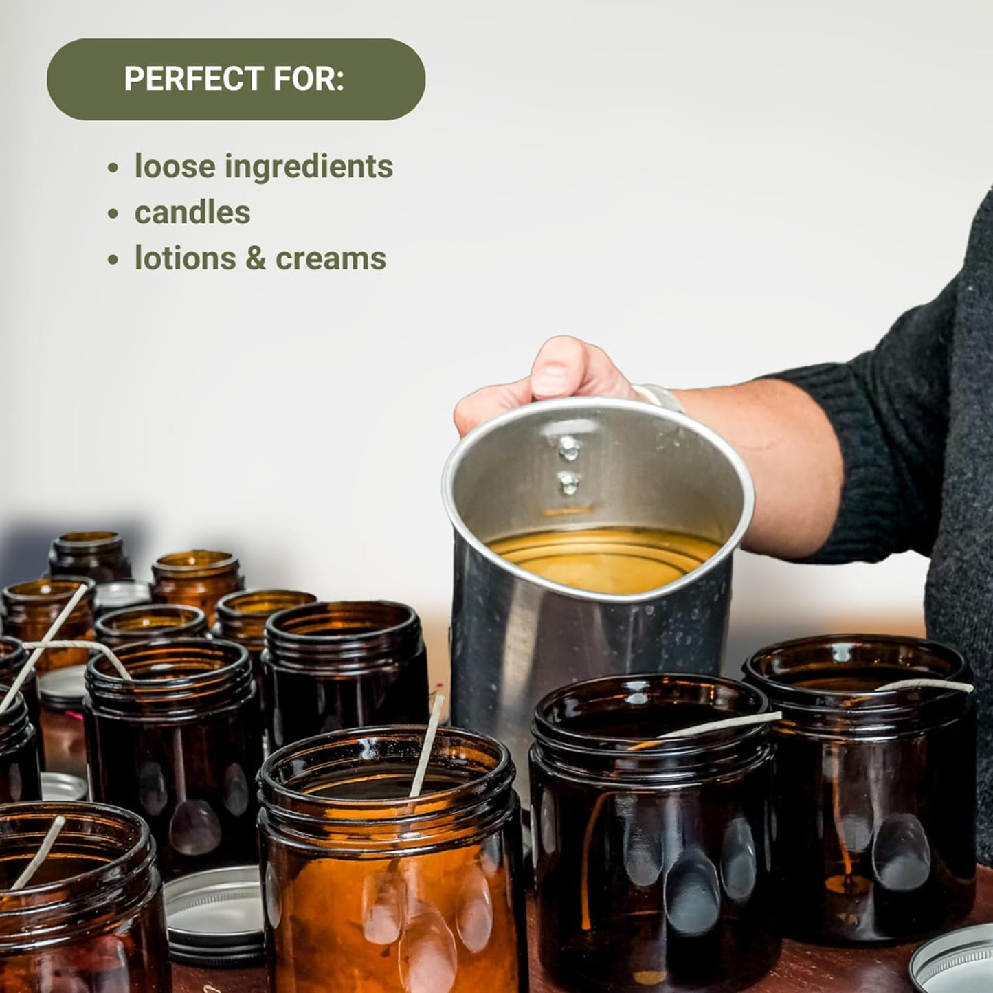 Glass Amber 8oz Jar - 12 Packs, Empty Round Jars For Beauty Products, Lotion, and Powders - Black Lid - Small Candle Jars