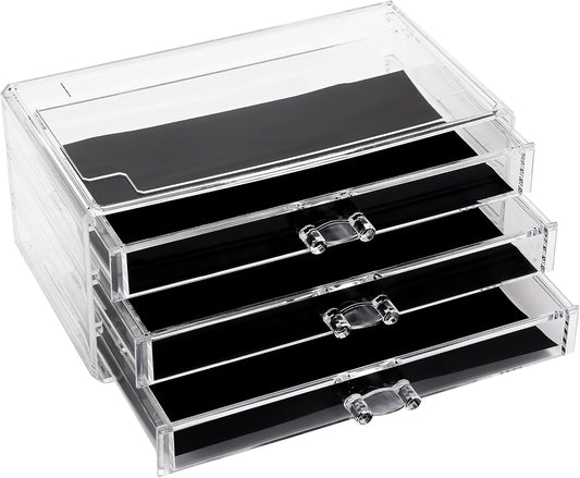 Sea Team Clear Makeup Organizer with Drawers, Acrylic Plastic Cosmetic Display Case, Jewelry Storage Box, Holder for Dresser, Bathroom, Vanity, Countertop (3 Middle Drawers)
