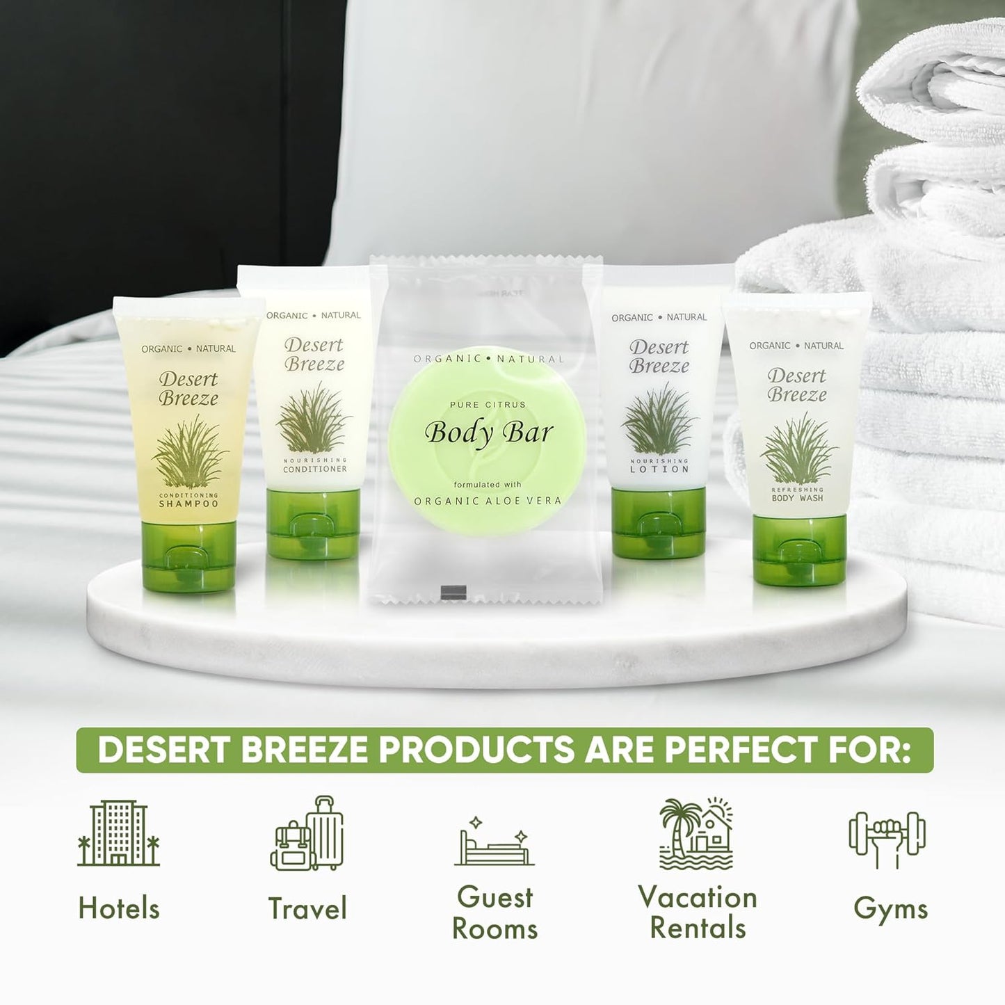 Desert Breeze Hotel Soaps & Toiletries Bulk Set | 1-Shoppe Amenities Kit | 1oz Shampoo & Conditioner, Body Wash, Lotion, Bar Soap | Travel Size | 75 Pieces