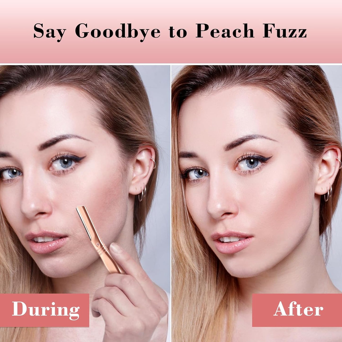 Eyebrow Razor for Women and Men, Face Razors for Women, Dermaplane Razor with Protective Silicone Cover, Reusable Metal Handle with 6 Refill Blades, Skin Care Tool - Rose Gold