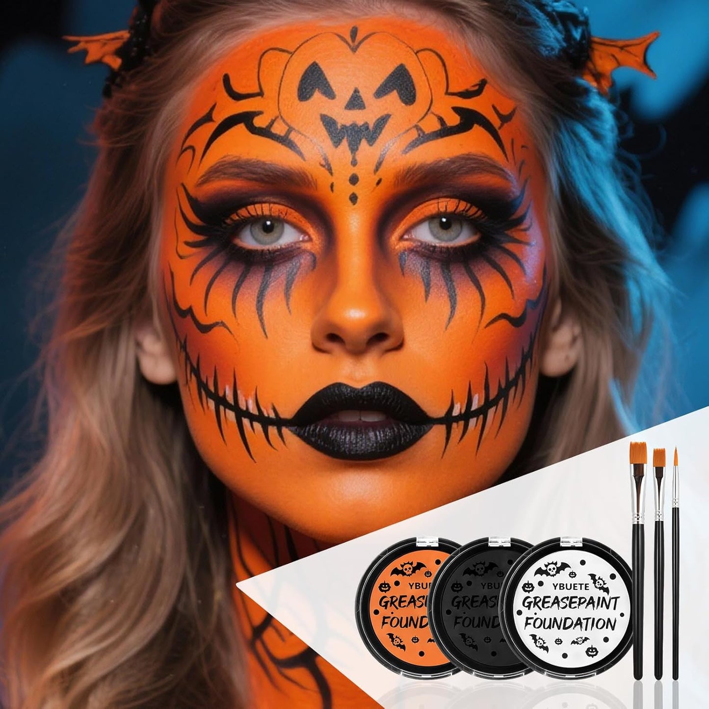 Orange Black White Oil Based Face Paint Kit with Painting Brushes, Professional Full Coverage Greasepaint for Adults Halloween Cosplay SFX Tiger Pumpkin Makeup Carnival Theater Stage