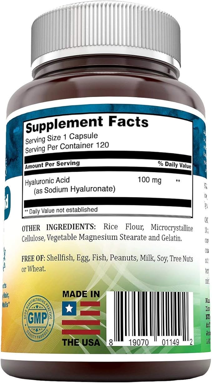 Hyaluronic Acid Dietary Supplement - 100 mg 120 Capsules (Non-GMO) - The Best Supplements for Joint Health, Skin Care & More*