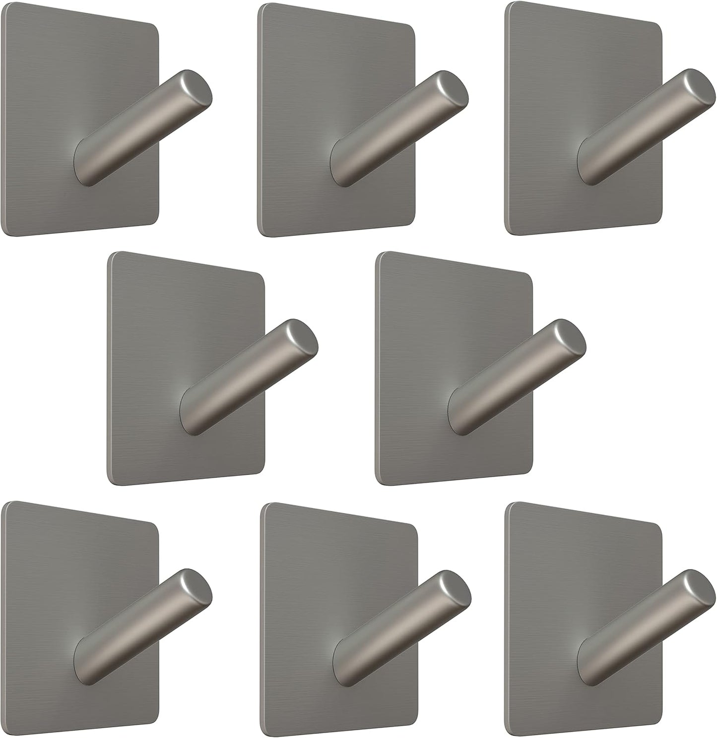 Brushed Nickel Self Adhesive Towel Hooks for Bathroom Wall Door Mounted - SUS304 Stainless Steel Strong Strips Stick on 3M Wall Hooks for Hanging Coat, Hat, Bag, Key, Jacket – 8 Pack