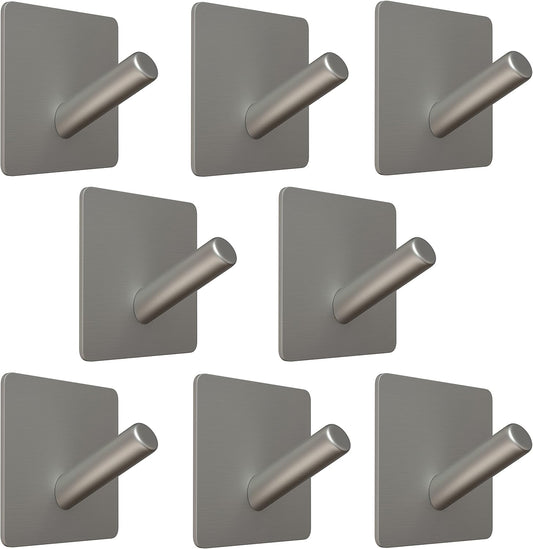 Brushed Nickel Self Adhesive Towel Hooks for Bathroom Wall Door Mounted - SUS304 Stainless Steel Strong Strips Stick on 3M Wall Hooks for Hanging Coat, Hat, Bag, Key, Jacket – 8 Pack