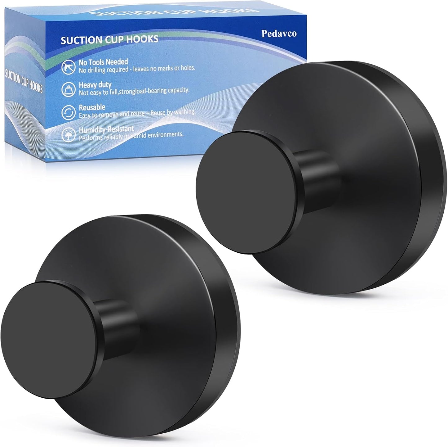 Suction Cup Hooks for Shower No Drill - Heavy Duty Stainless Steel Bathroom Hooks, Wall Mounted for Towels, Robes, Loofah - Works on Tile, Glass, Mirror, Kitchen (Matte Black, 2 Pack)