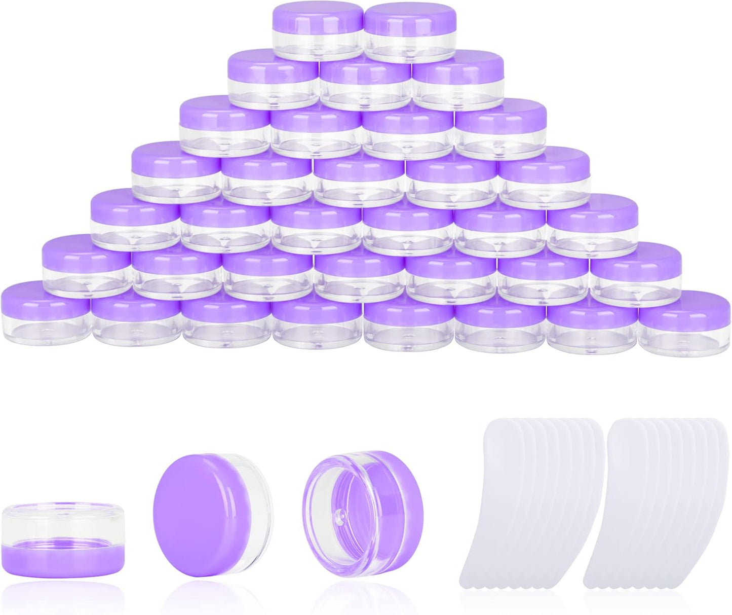 200PCS 3 Gram Sample Containers, 3ml Empty Jars with Lids, Small Cosmetic Containers, Mini Sample Jars with 16PCS Mini Spatulas for Make Up, Oils, Lotion, Powder, Paint, Jewelry, Lip Balms(Purple Lid)