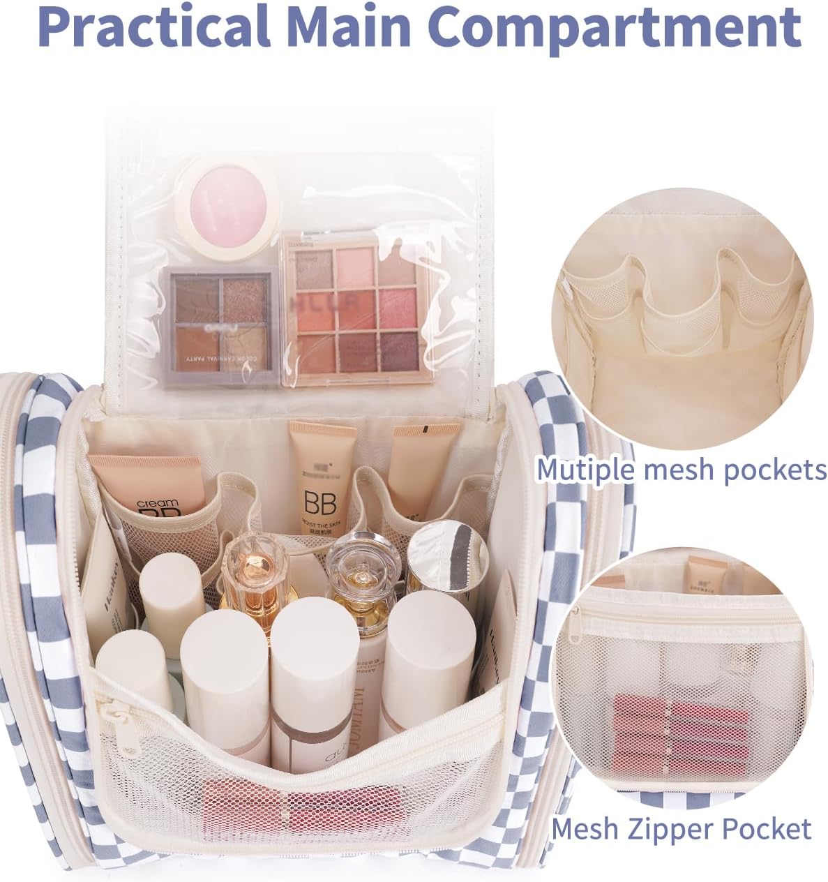 Narwey Checked Hanging Travel Toiletry Bag for Women, Travel Bag for Toiletries, Makeup Bag Organizer Cosmetic Bags Make Up Bags for Women (Grayish Blue Checkerboard)