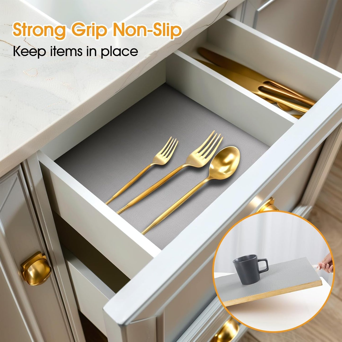 Shelf and Drawer Liner for Kitchen Cabinets Non-Adhesive, Strong Grip Non-Slip Thickened Cabinet Liners for Shelves, Waterproof Mats for Dresser Cupboard, Pure Gray, 17 in x 30 Feet