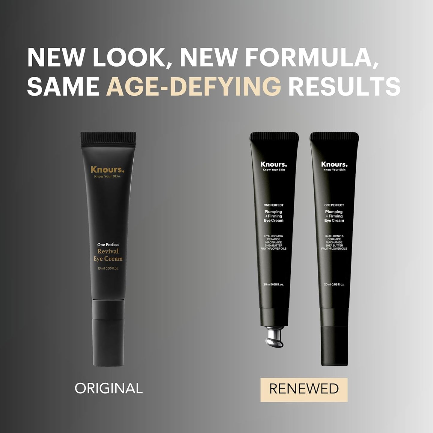 Knours. One Perfect Firming + Plumping Eye Cream with Hyaluronic & Ceramide Niacinamide Shea Butter Fruit + Flower Oils for a refreshed, Smooth Look, New & Improved Formula 20ml/0.68 fl. oz.