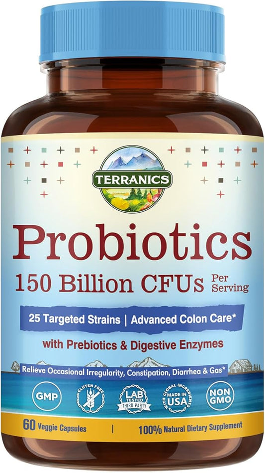 Terranics Daily Probiotics for Men & Women, 150 Billion 25 Strains Colon Care Probiotics, with Prebiotics & Enzymes, Healthy Regularity, Delayed Release, Shelf Stable, 60 Veggie Caps