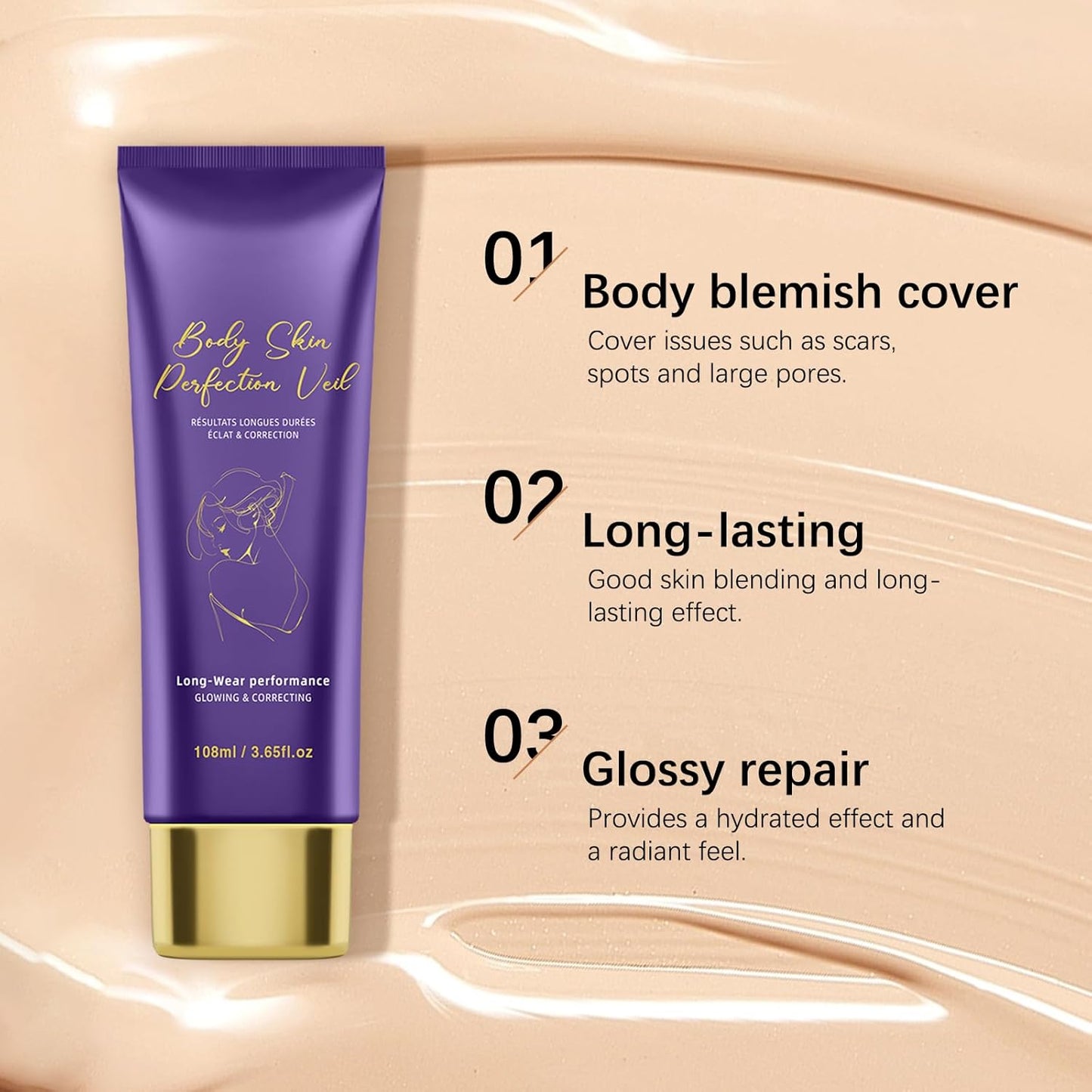 Body Coverage Perfector with Brush - Waterproof Leg & Body Makeup No Transfer, Tattoo & Scar Cover Up Full Coverage, Complexion Perfector for All Skin Tones (Natural Radiance)