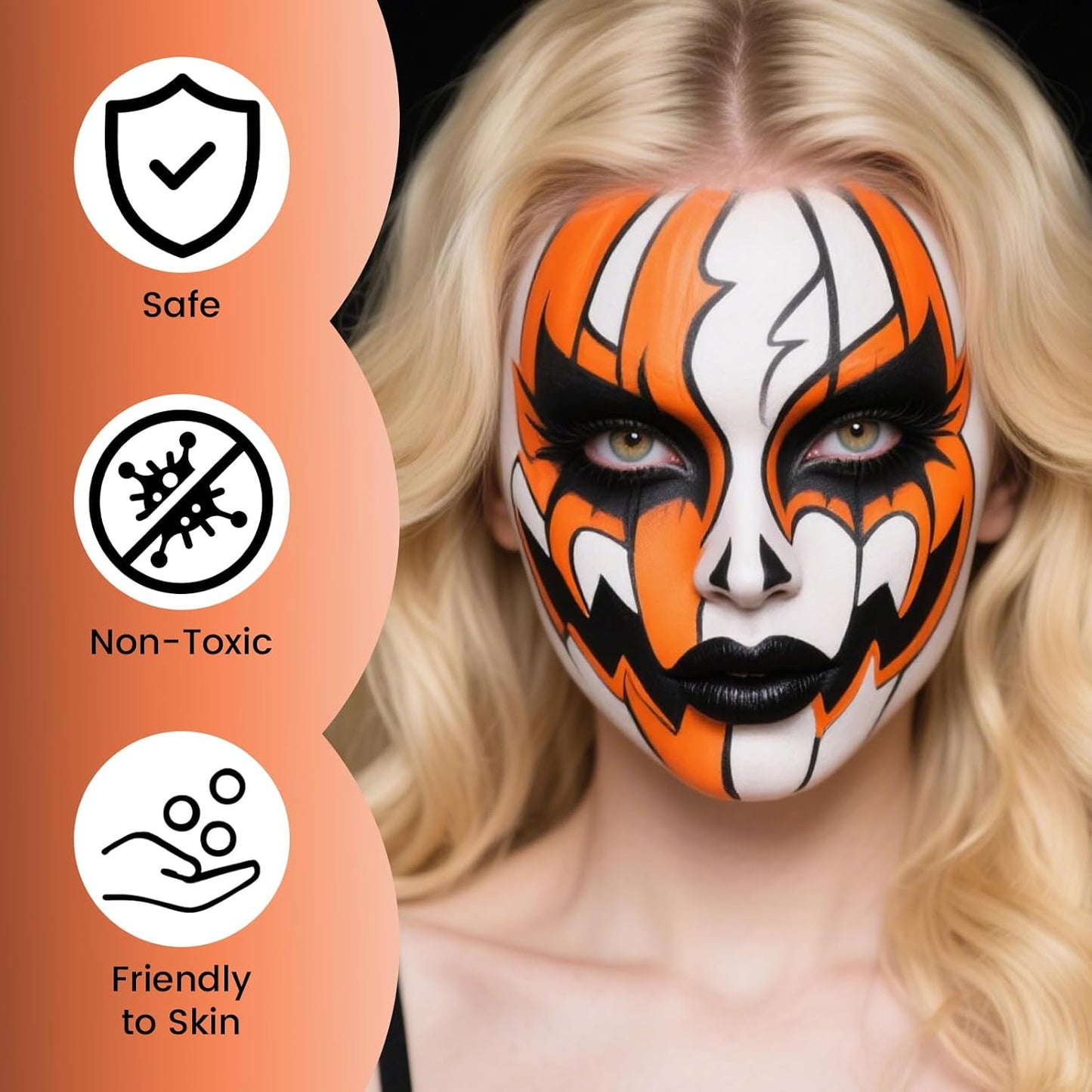 Orange Black White Oil Based Face Paint Kit with Painting Brushes, Professional Full Coverage Greasepaint for Adults Halloween Cosplay SFX Tiger Pumpkin Makeup Carnival Theater Stage