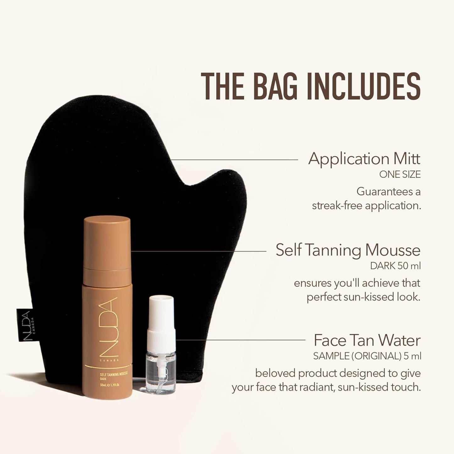 Nuda Travel Self Tanning Kit | Includes Self Tanning Mitt Applicator, 50mL Dark Self Tanning Mousse, & 5mL Original Face Tanner Spray | Travel Size Self Tanner Kit for a Nourishing Head-to-Toe Tan