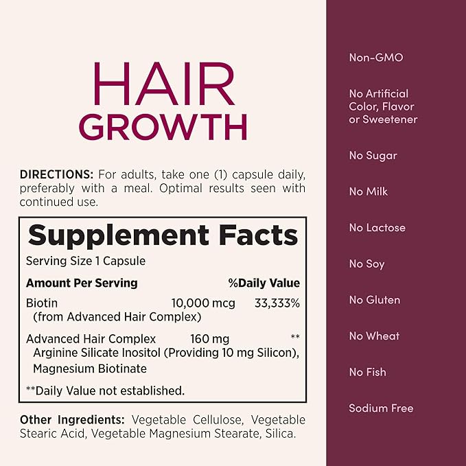 Nature's Bounty Hair Growth Supplement, 1 Per Day, Clinically Shown to Support Thicker, Fuller Hair, with Biotin, Silicon & Arginine, 30 Capsules (Pack of 2)