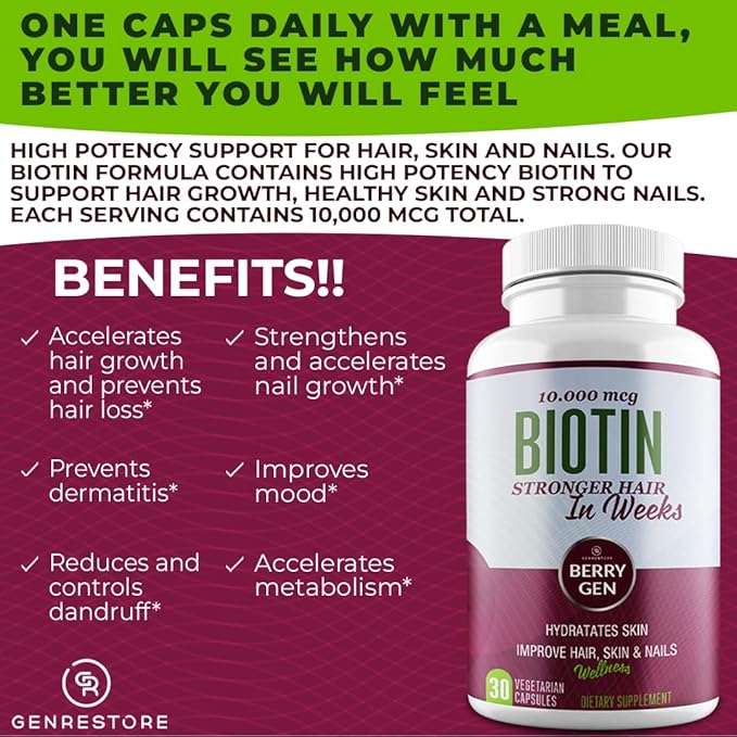 Berry Gen Biotin Supplement 10000 mcg Vegetarian Capsules - Support Hair Health & Growth, Help Heal Skin & Reduce Wrinkles and Moisturize Skin, Hair, and Nails - 30 Count (1)