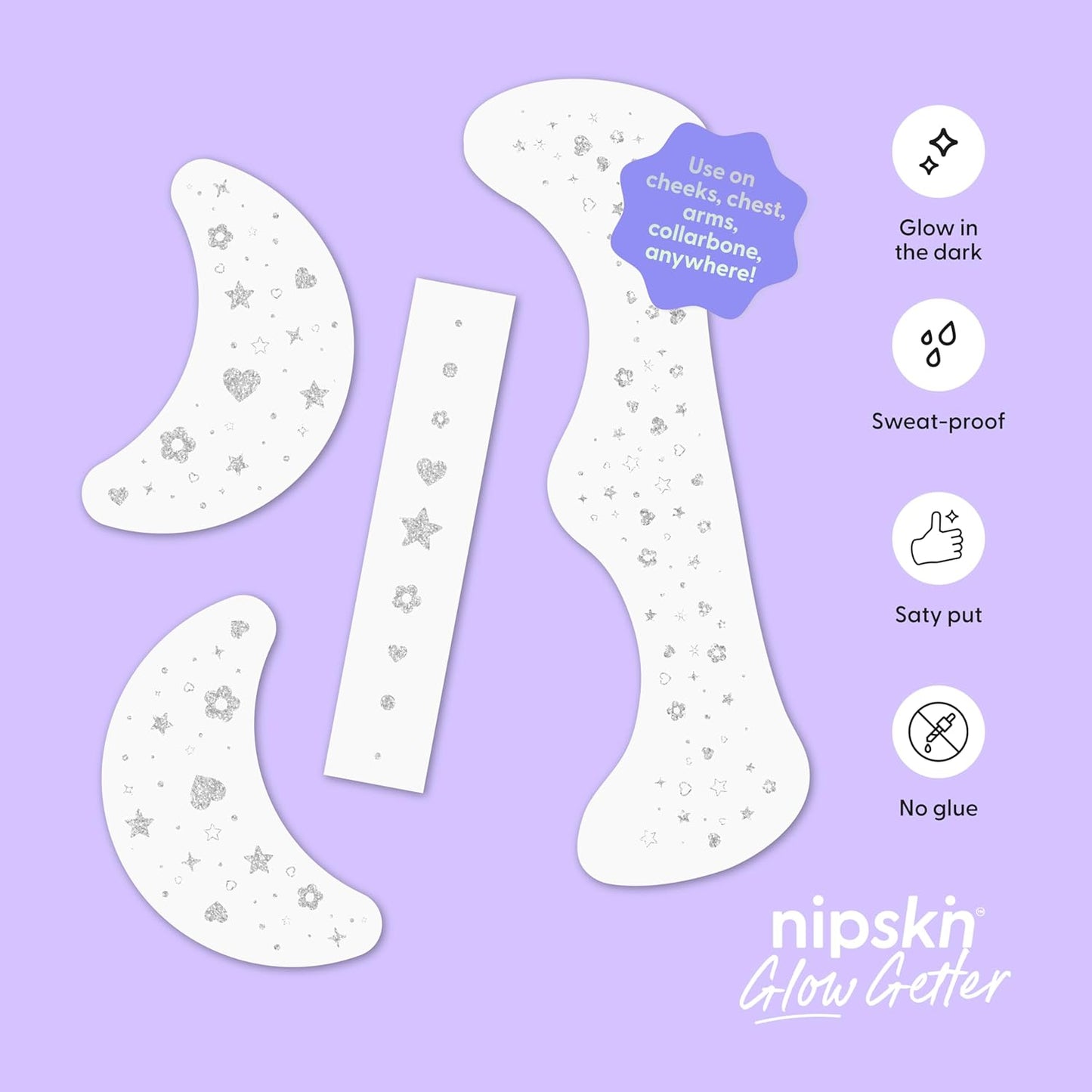 Nipskin Glow Getter Stick-On Face & Body Art Patches – Glow-in-the-Dark Stars & Hearts – Sweat-Proof, Soft on Skin – 4 Pieces