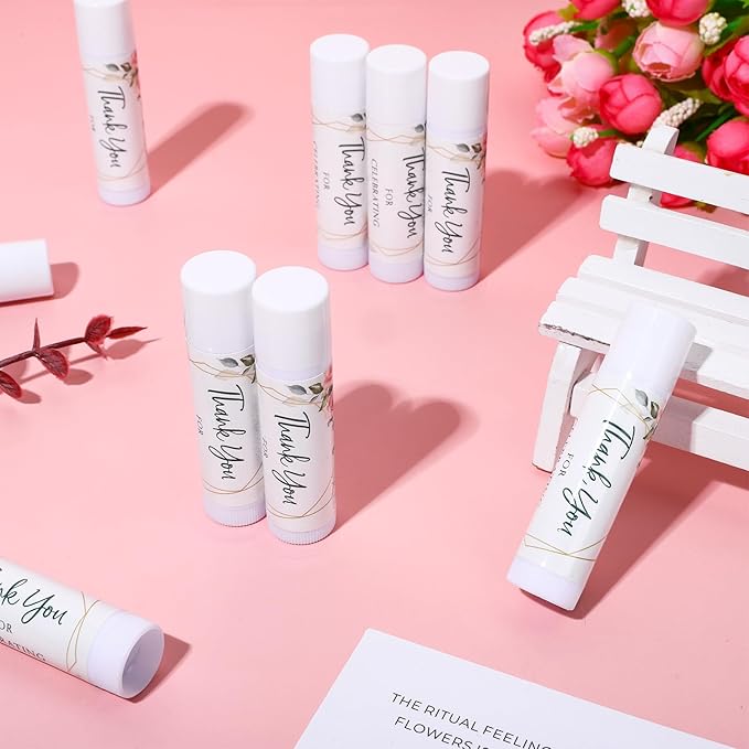 Whaline 60Pcs Thank You Gift Lip Balm Bulk Wedding Lip Balms Vanilla Flavor Floral Moisturizing Lip Care Guest Basket Gift Stuffer for Bridal Shower Baby Shower Birthday Party Favor Supplies