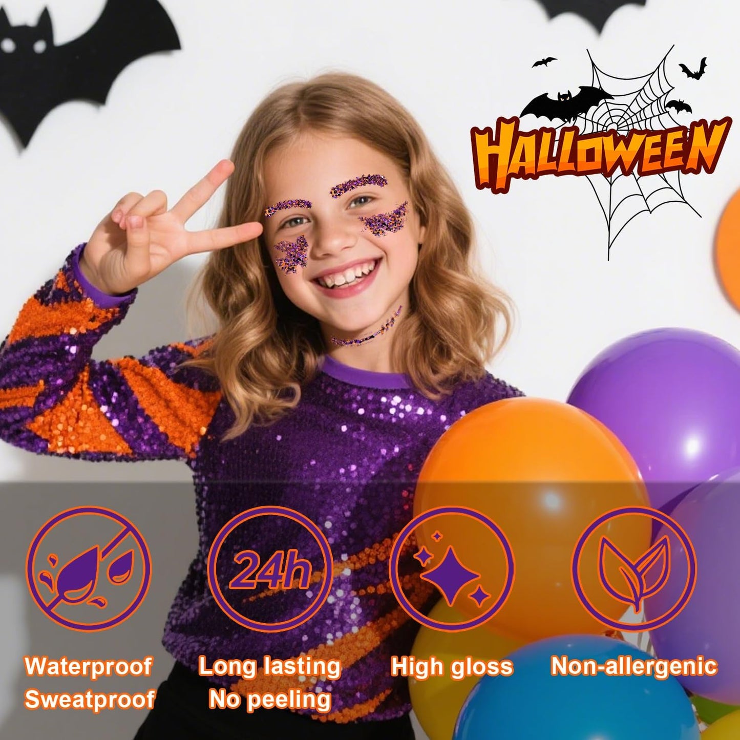 Halloween Body Glitter Stick, Black Purple and Orange Face Glitter Accessories for Rumi Costume and Rumi Cosplay, Waterproof Face Hair Glitter Makeup, Hallows' Eve Glitter Makeup for Kids and Women
