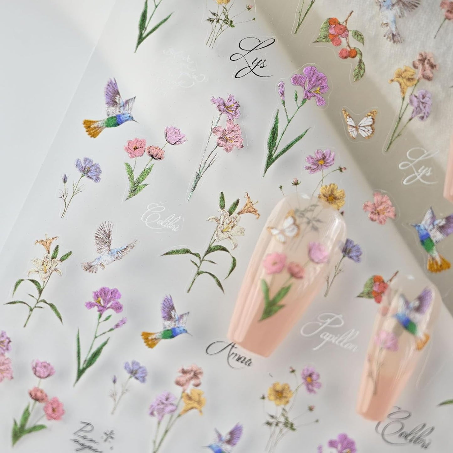 Hummingbird Flower Nail Stickers, Irises Decals, Floral Art Design, Self-Adhesive Accessories for Women, Aesthetic Supplies