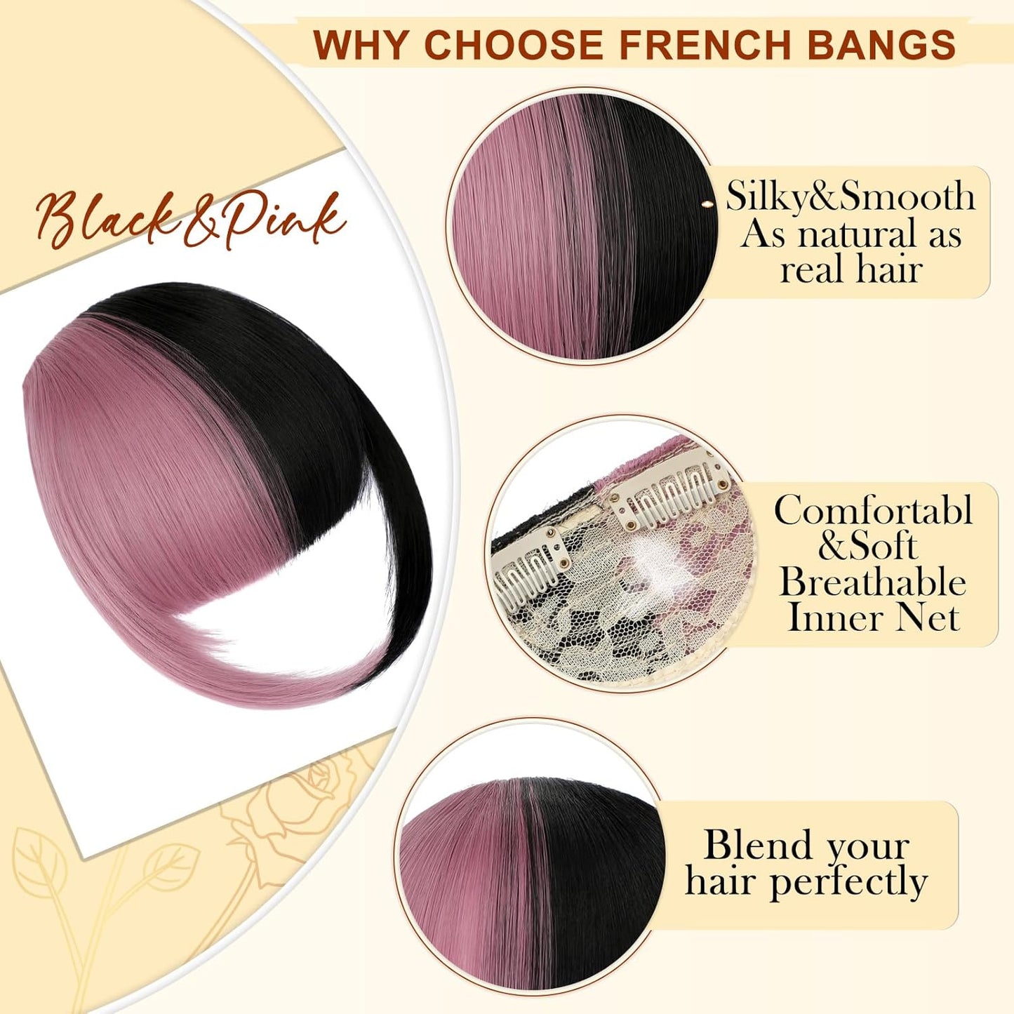 Bangs Hair Clip in Bangs, Fake Bangs Natrual Clip in Hair Extensions, Easy to Use Faux Bangs Clip on Bangs, French Bangs Fringe with Temples Hairpieces Curved Bangs for Cosplay