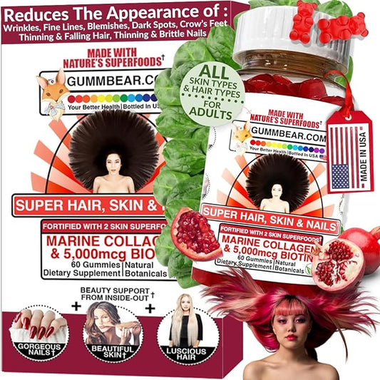 Hair Skin and Nails Vitamins, Hair Skin and Nails Gummies, Biotin Collagen Gummies, Biotin 5000mcg, Hair Vitamins, Collagen Supplements, Marine Collagen, Vitamin B12, Gifts for Women, GummBear