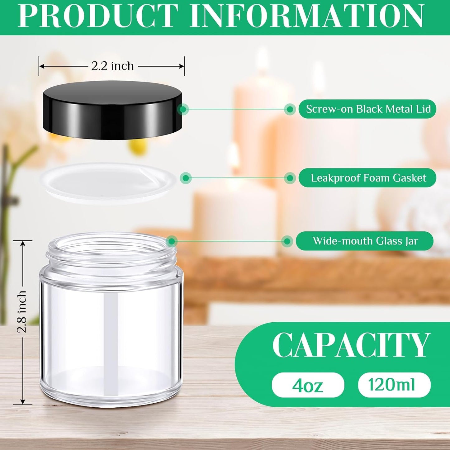 Norme 24 Pcs 4 oz Glass Jars with Lids Leakproof Round Airtight Empty Cosmetic Jars with Inner Liners Lid for Storing Lotions Powder Ointments Candle Making Tins (Black,Clear)