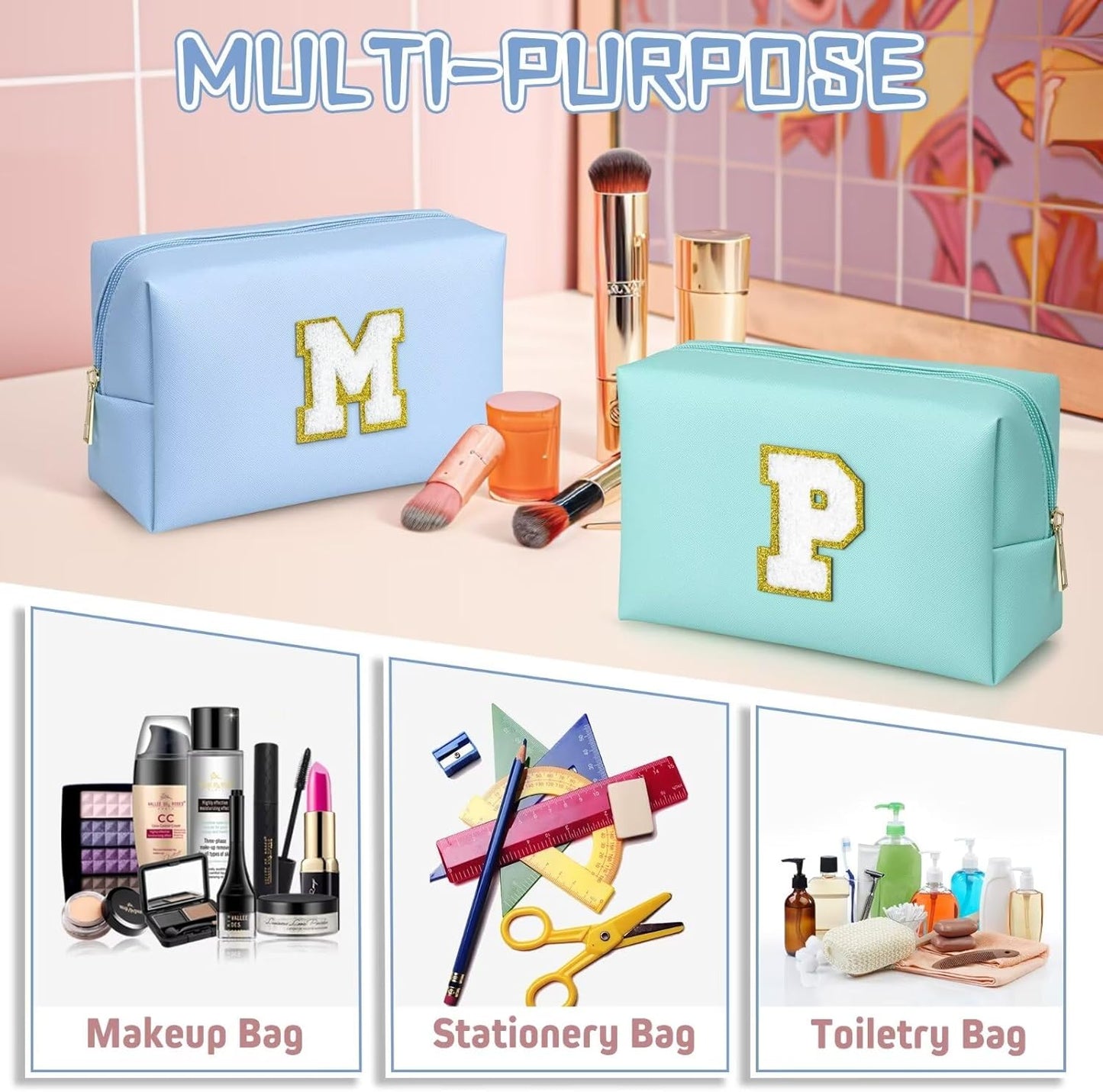 TOPEAST Initial Makeup Bag for Travel, Chenille Letter Pouch Cosmetic Bag, PU Leather Waterproof Toiletry Bag, Personalized Gifts for Bride Bridesmaids, Cute Things for Girls (Sky Blue Q)