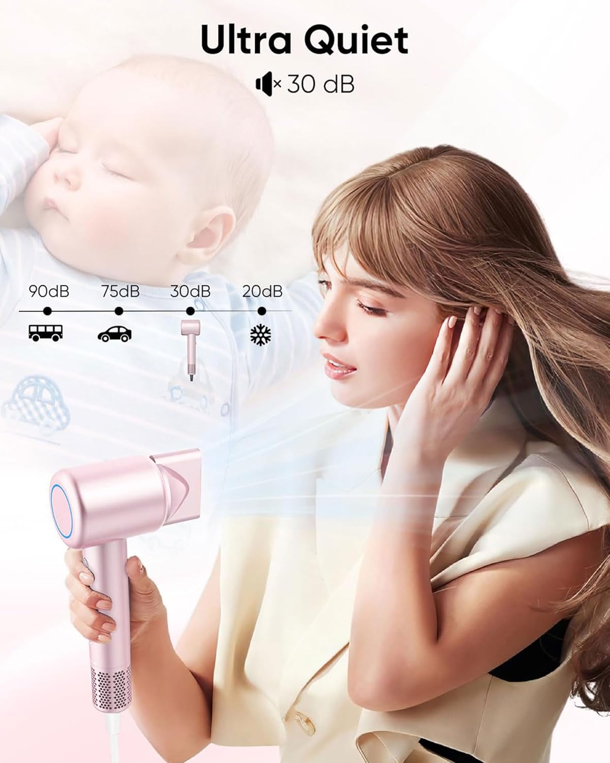 Hair Dryer, High-Speed Ionic Low Noise Blow Dryer with Brushless Motor for Fast Drying, Thermo-Control Quiet Compact Hair Blow Dryer with Magnetic Diffuser for Curly Hair for Home Travel Salon