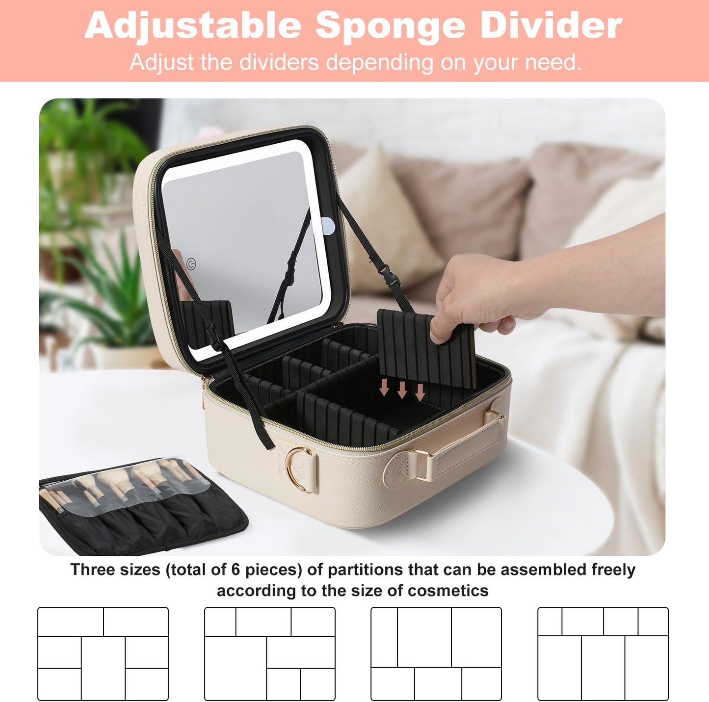 Mocado Travel Makeup Bag with LED Lighted Mirror,Travel Makeup Organizer,Makeup Case with 3 Color Lighted Setting and 10x Magnifying Mirror,Portable Storage and Adjustable Dividers Makeup Box(Beige)