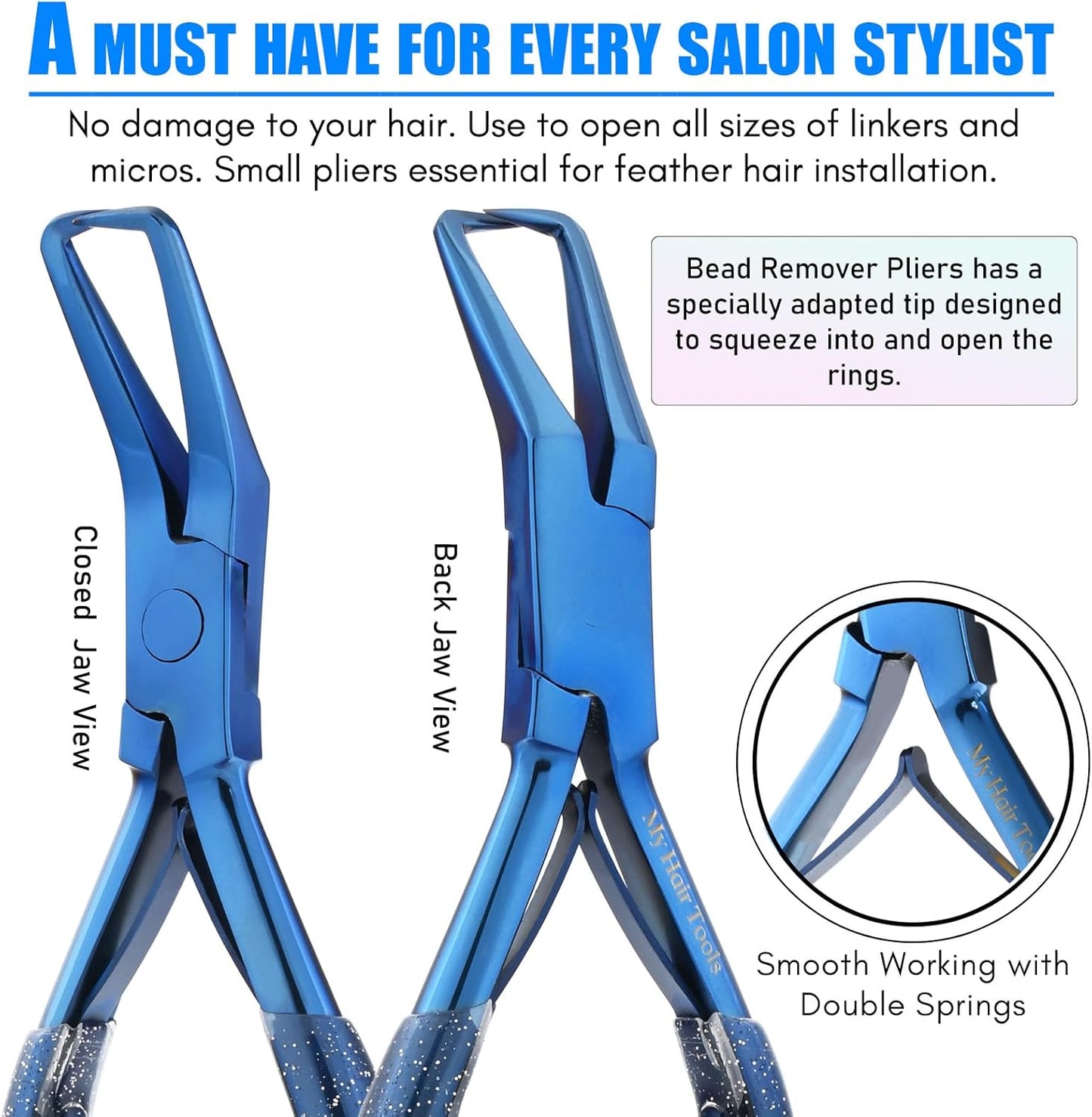 Professional Hair Extension Tools Microlink Bead Remover Plier for Hair Extensions Removal Micro Ring Beads Opener 5.5 Inch Pliers Silver Polish Stainless Steel (Blue Bead Remover)