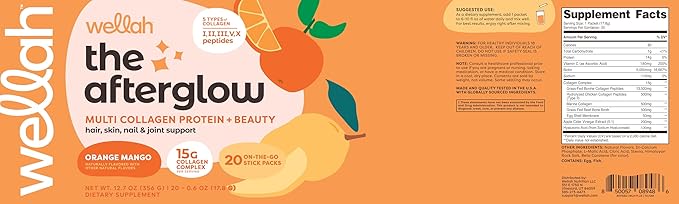 The Afterglow Multi Collagen Protein + Beauty (Orange Mango) 20 Stickpacks - 15G Collagen Complex Per Serving