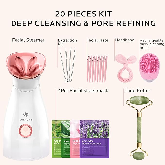 Facial Steamer Self-Care Gift Kit: Nano Ionic Face Steamer Deep Cleaning Unclogs Pores - Humidifier Hot Mist Spa Gifts for Women with 20 Skin Care Tools (Deep Cleansing Pore Refining)