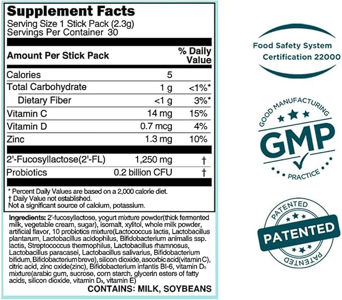 MOMSTAMIN 2'-FL HMO Prebiotics Probiotics Powder, 11 Strains, 30 Sticks