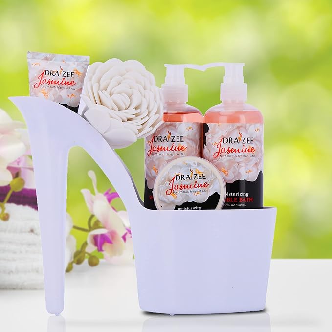 Draizee Mothers Day Gifts for Mom-Spa Gift Baskets for Women-8 Pcs Luxury Jasmine Scented Heel Shoe Design Bath and Body Spa Set Self Care Package for Women, Presents for Mom-Body Care Set for Her