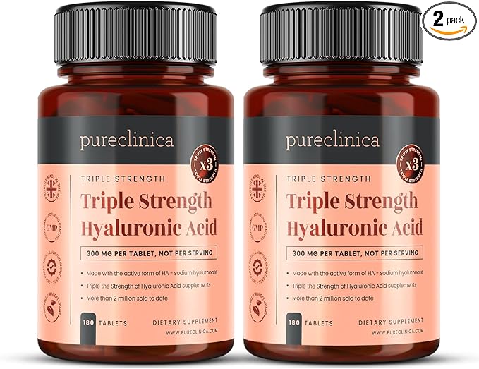 pureclinica Hyaluronic Acid 300mg x 360 Tablets (2 Bottles of 180-12 Months Supply). Triple Strength Hyaluronic Acid. 300% Stronger Than Any Other HLA Tablet.