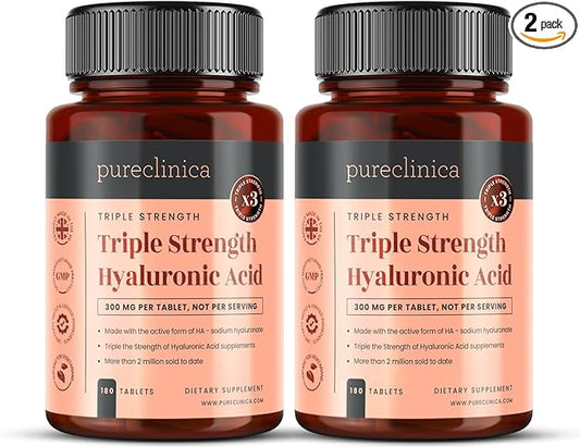 pureclinica Hyaluronic Acid 300mg x 360 Tablets (2 Bottles of 180-12 Months Supply). Triple Strength Hyaluronic Acid. 300% Stronger Than Any Other HLA Tablet.