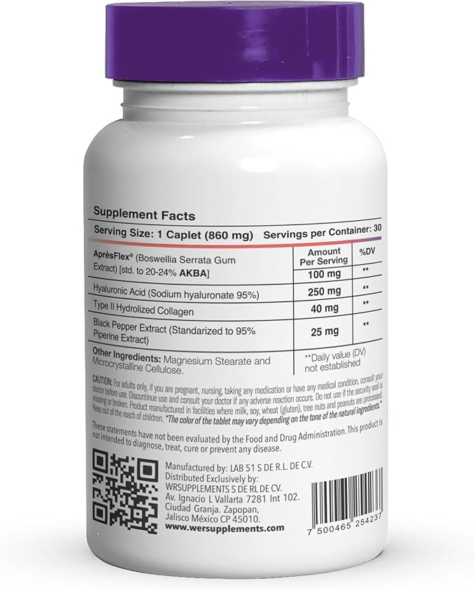 BSW-51 Hyaluronic Acid Supplement – Boswellia Serrata AprèsFlex®, Hyaluronic Acid & Piperine – 30 Caplets, 860mg – Joint Comfort, Mobility & Stronger Cartilage Support