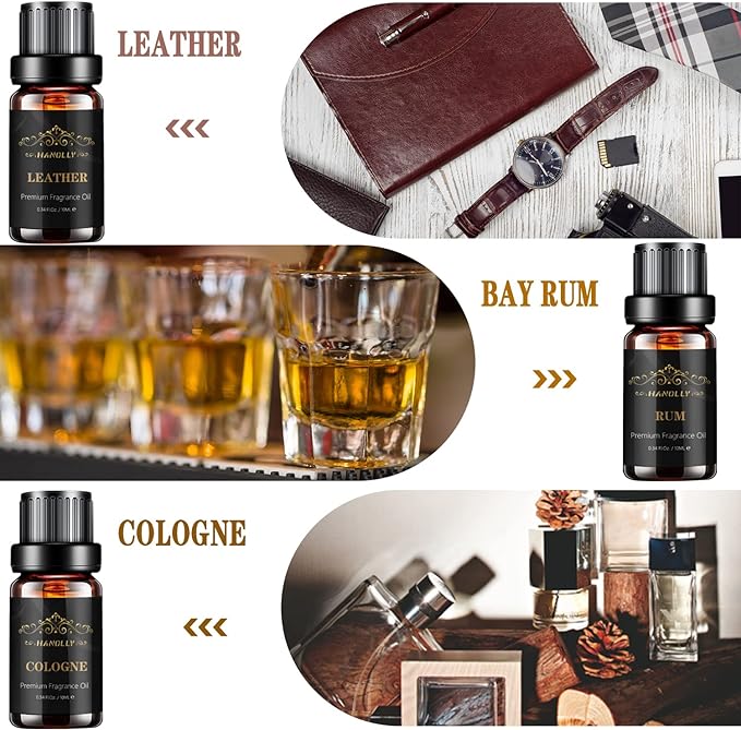 Essential Oils Set, Men Scents Fragrance Oil Aromatherapy Essential Oils Kit for Diffuser (6x10ML) - Sandalwood, Cedar, Leather, Sweet Tobacco, Rum, Cologne Aromatherapy Oils Gift for Men