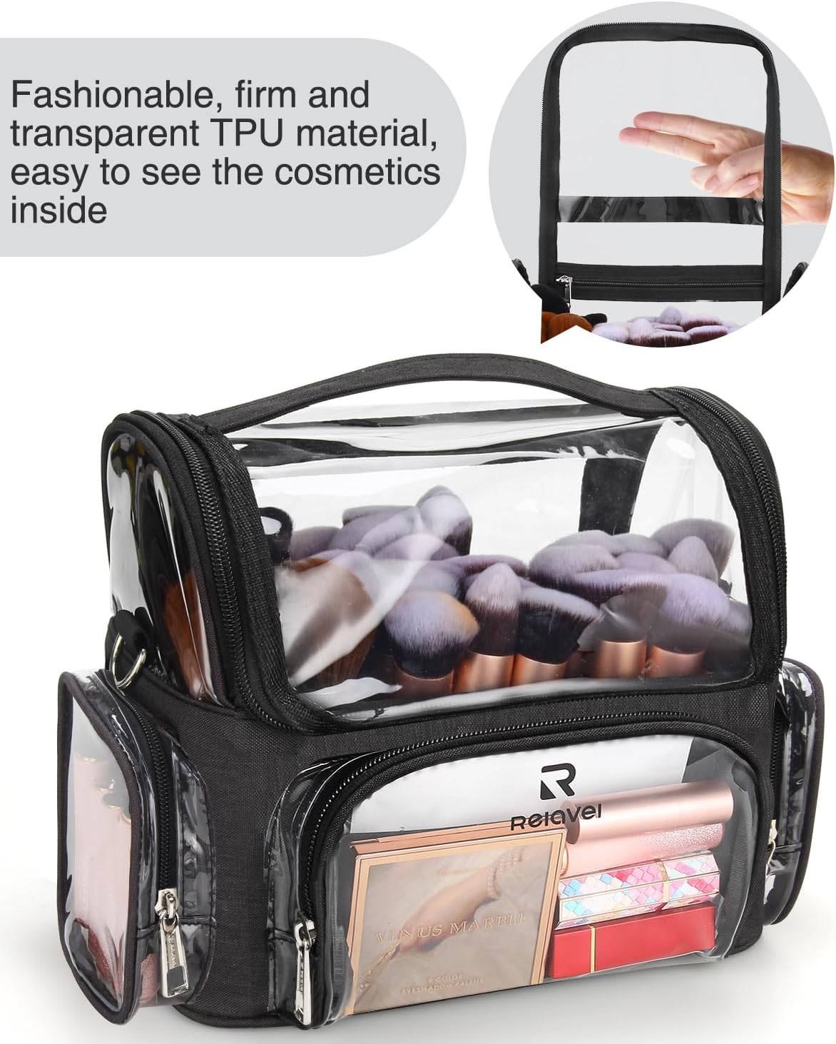Makeup Brush Case, Large Makeup Brush Holder Professional Makeup Artist Travel Case Clear Waterproof Cosmetic Organizer Bag, Full Open Easy to Access, with Adjustable Strap and Dividers