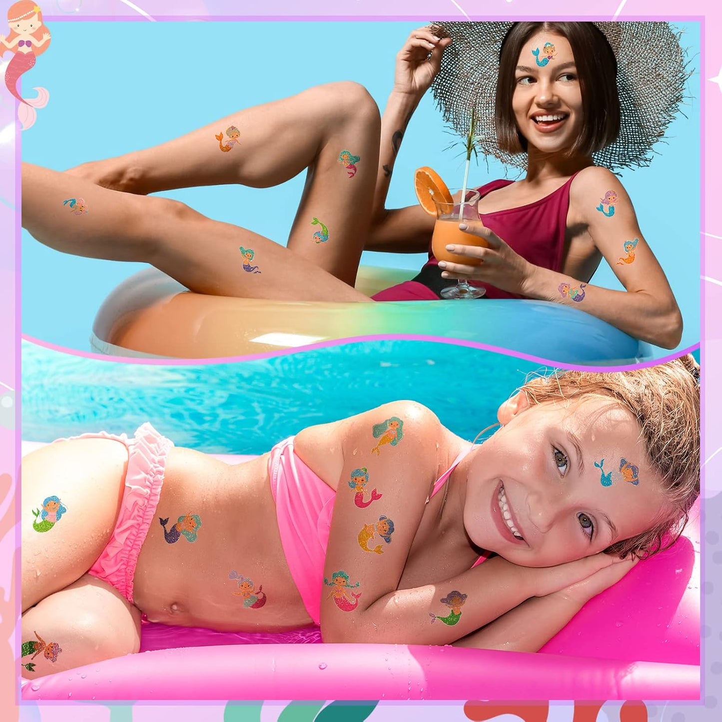 240 Pcs Glitter Mermaid Temporary Tattoos for Kids Mermaid Tattoos Party Favors Assorted Mermaid Tattoos Stickers for Girls Women Body Face Arm Mermaid Birthday Summer Beach Party Favors