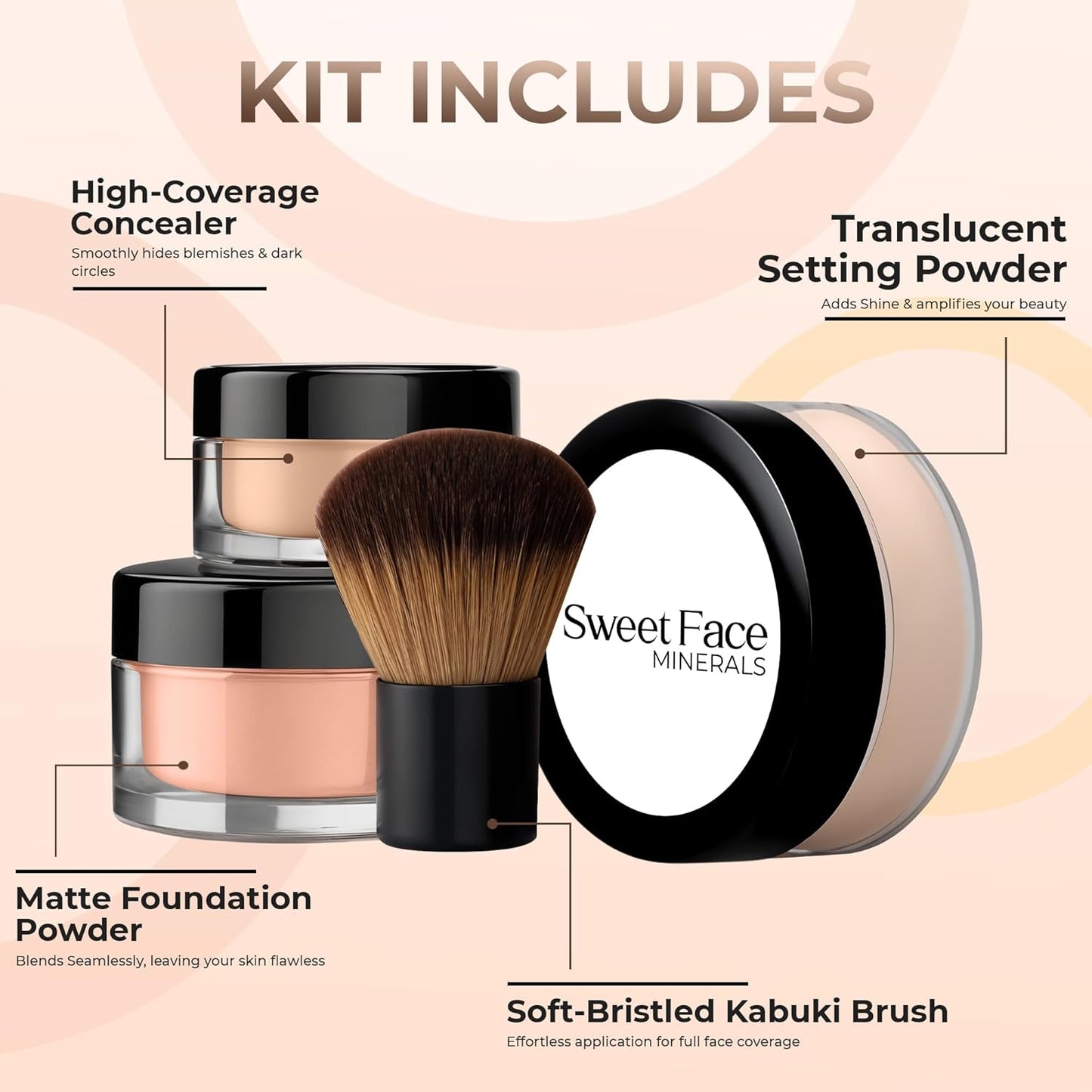 4pc Full Size Kit (Pink Bisque) Mineral Makeup Matte Translucent Loose Foundation + Kabuki Brush + Concealer + Finishing Setting Powder + Bare Face Full Coverage SPF 30 All Skin Types Waterproof