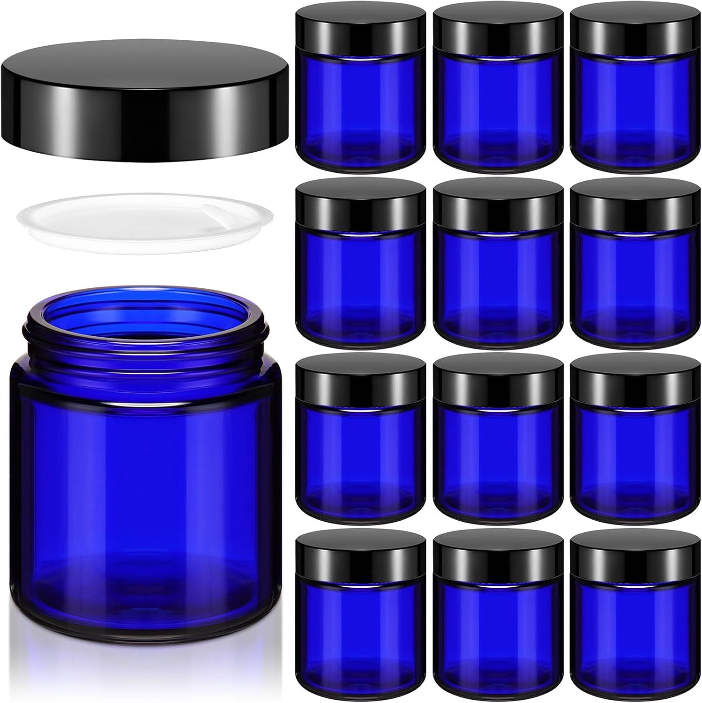 Norme 12 Pcs 4 oz Glass Jars with Lids Leakproof Round Airtight Empty Cosmetic Jars with Inner Liners Lid for Storing Lotions Powder Ointments Candle Making Tins (Blue,Black)