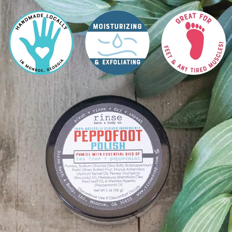 Rinse Bath & Body Peppofoot Peppermint Foot Scrub - Handmade Exfoliating Tea Tree Oil Cooling Foot Scrub w/Peppermint Essential Oil | Shea Butter & Avocado Oil | Cleansing & Refreshing| Natural | 4oz