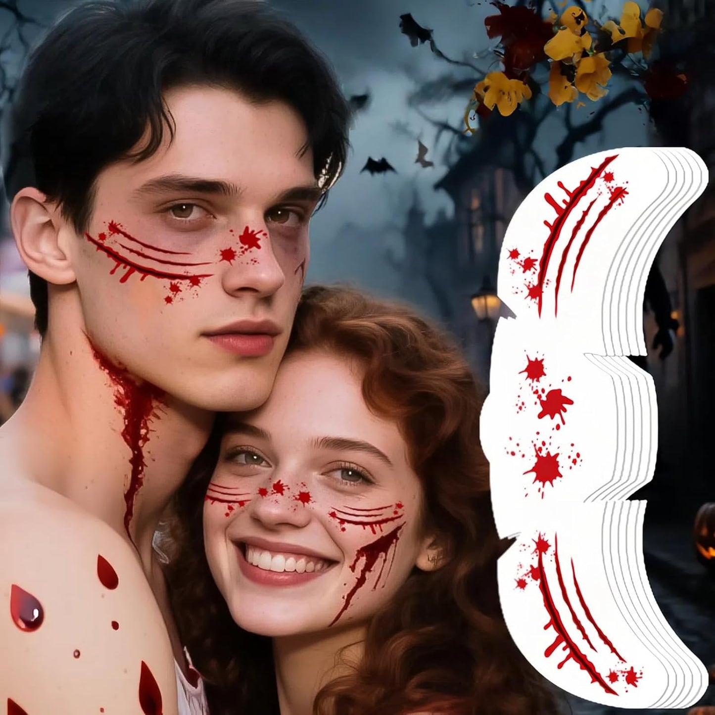 Halloween Wound Simulation Face Tattoo Stickers - Halloween Glitter Freckles Face Tattoo, Red Glitter Freckles Face Tattoo for Women Men 6p