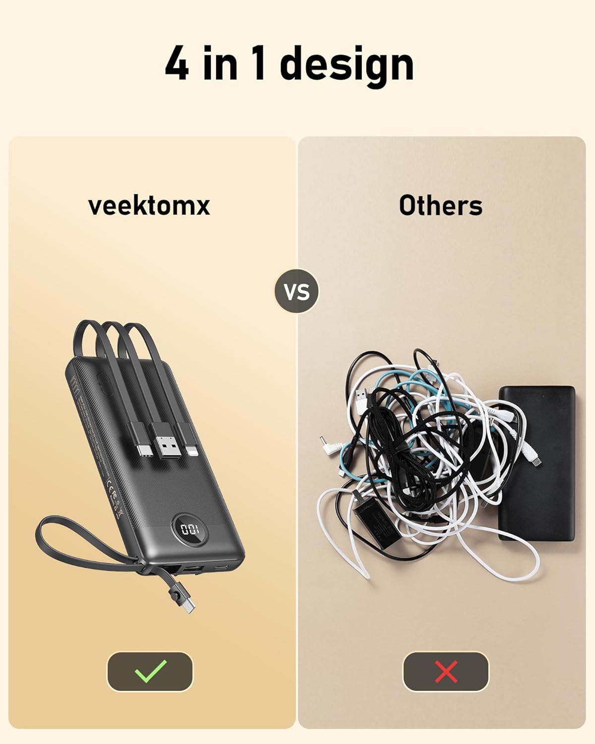 VEEKTOMX Portable Charger Built-in Cables,10000mAh Power Bank for iPhone,Fast Charge USB C Battery Pack Travel Essentials Powerbank Compatible with iPhone 17/16/15/14, Samsung S25/24, Android, etc