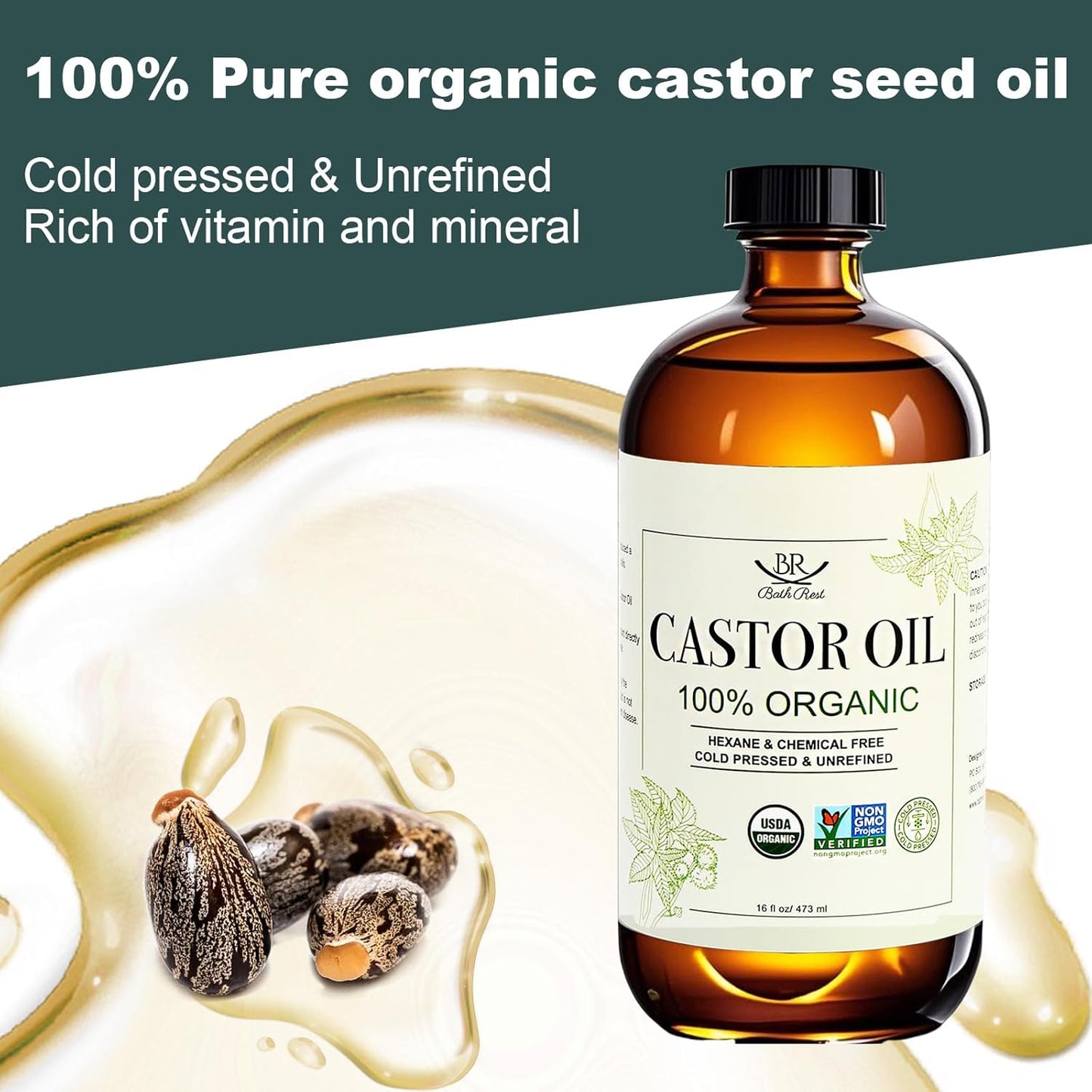 Castor Oil Organic Cold Pressed Unrefined Glass Bottle 100% Pure for Hair Growth Eyelashes Brows Castor Oil Packs, Natural Skin Moisturizer, USDA Certified Hexane Free Vegan 16 oz (473ml)
