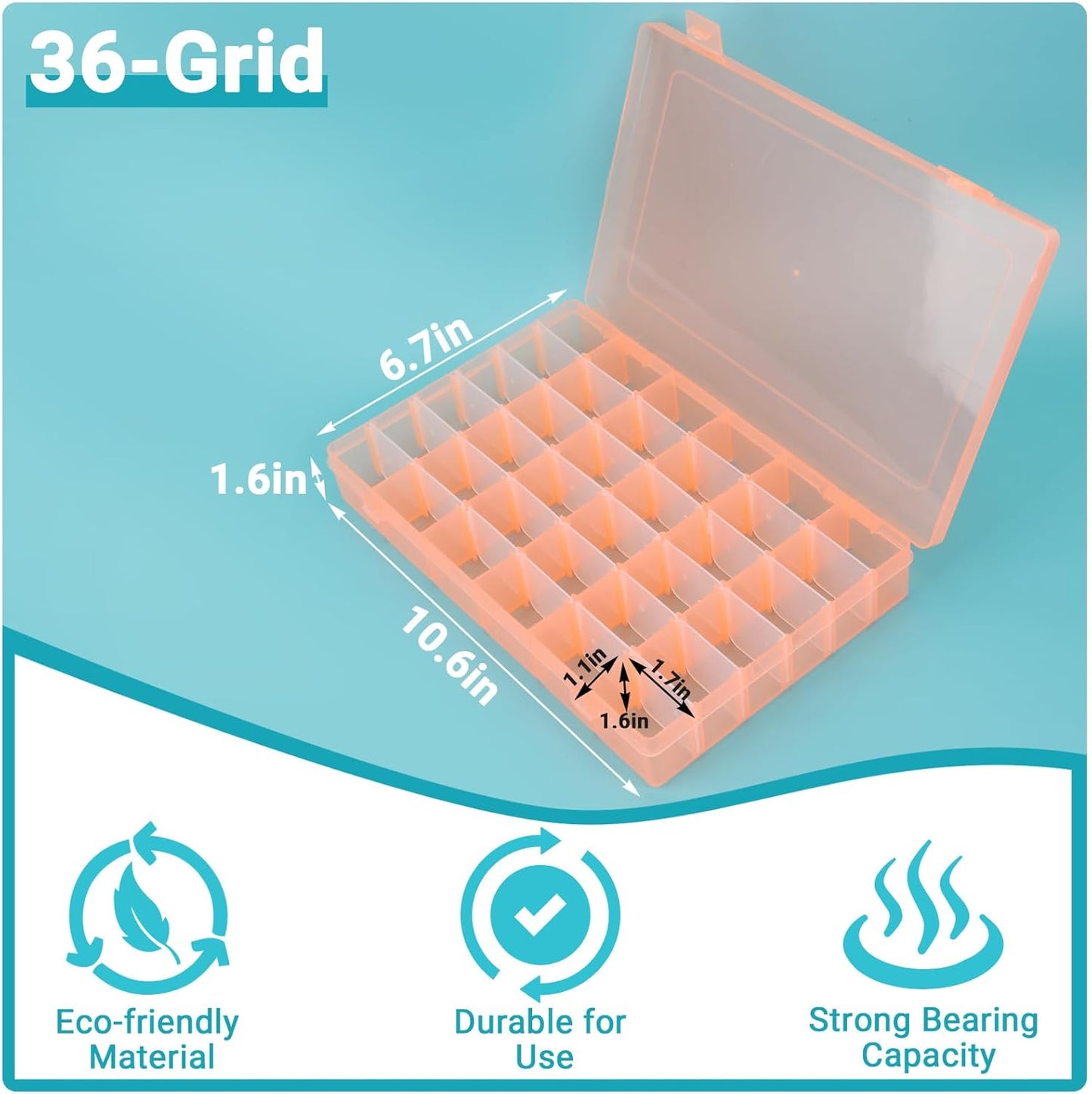 Nail Art Organizer Box, Cosics 36-Grid Orange Empty False Nail Tip Storage Box Organizing Containers for Nail Crystals, Rhinestones Nail Accessories with Adjustable Plastic Dividers